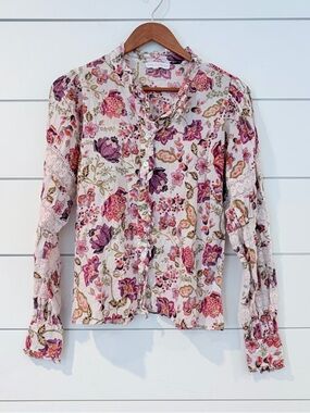House of Harlow 1960 Floral Boho Blouse Lace Sleeve Cottagecore Top S Vintage